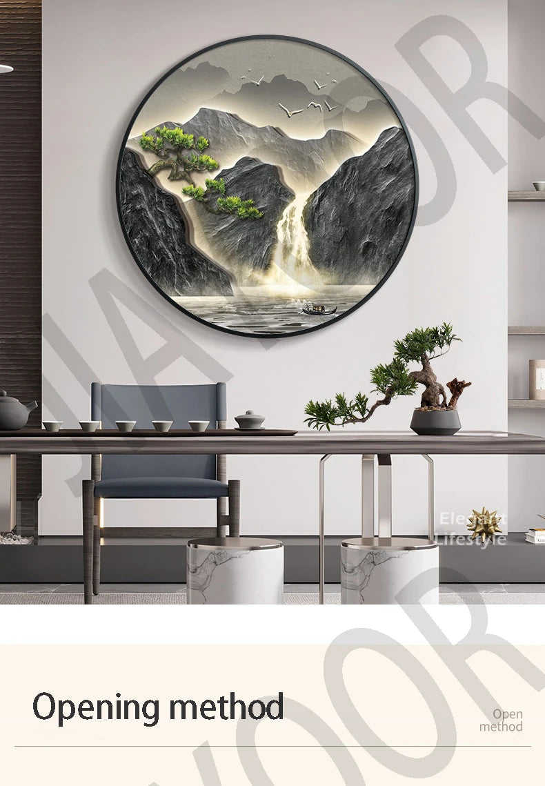 Entrance Foyer Decoration Painting High Mountains Flowing Water Landscape Hanging Painting Led Light Wall Lamp Home Wall Decor