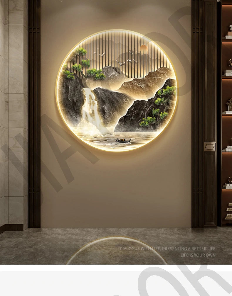 Entrance Foyer Decoration Painting High Mountains Flowing Water Landscape Hanging Painting Led Light Wall Lamp Home Wall Decor