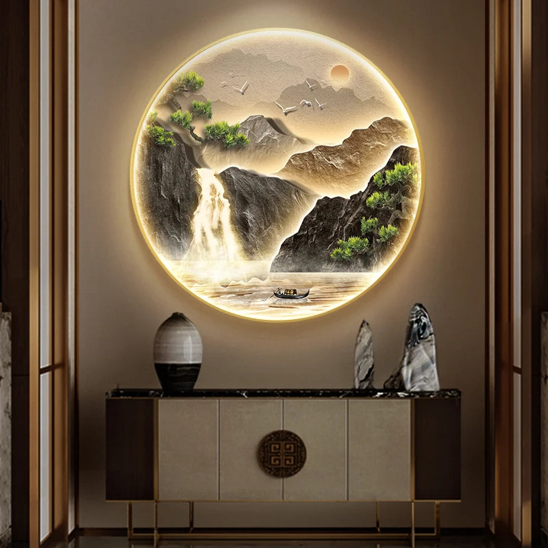 Entrance Foyer Decoration Painting High Mountains Flowing Water Landscape Hanging Painting Led Light Wall Lamp Home Wall Decor