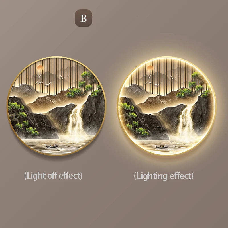 Entrance Foyer Decoration Painting High Mountains Flowing Water Landscape Hanging Painting Led Light Wall Lamp Home Wall Decor