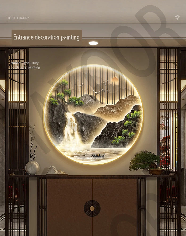 Entrance Foyer Decoration Painting High Mountains Flowing Water Landscape Hanging Painting Led Light Wall Lamp Home Wall Decor