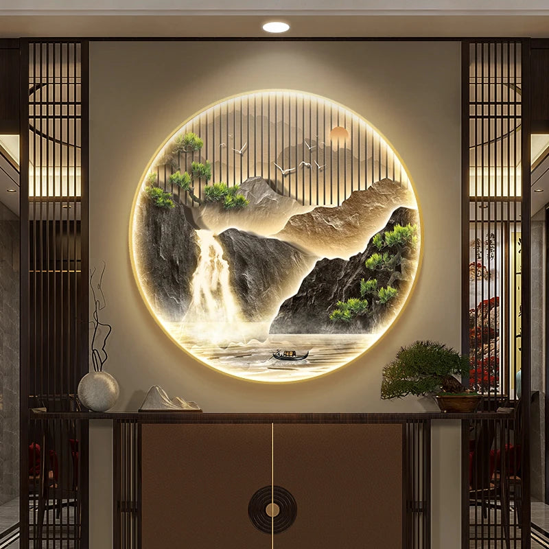 Entrance Foyer Decoration Painting High Mountains Flowing Water Landscape Hanging Painting Led Light Wall Lamp Home Wall Decor