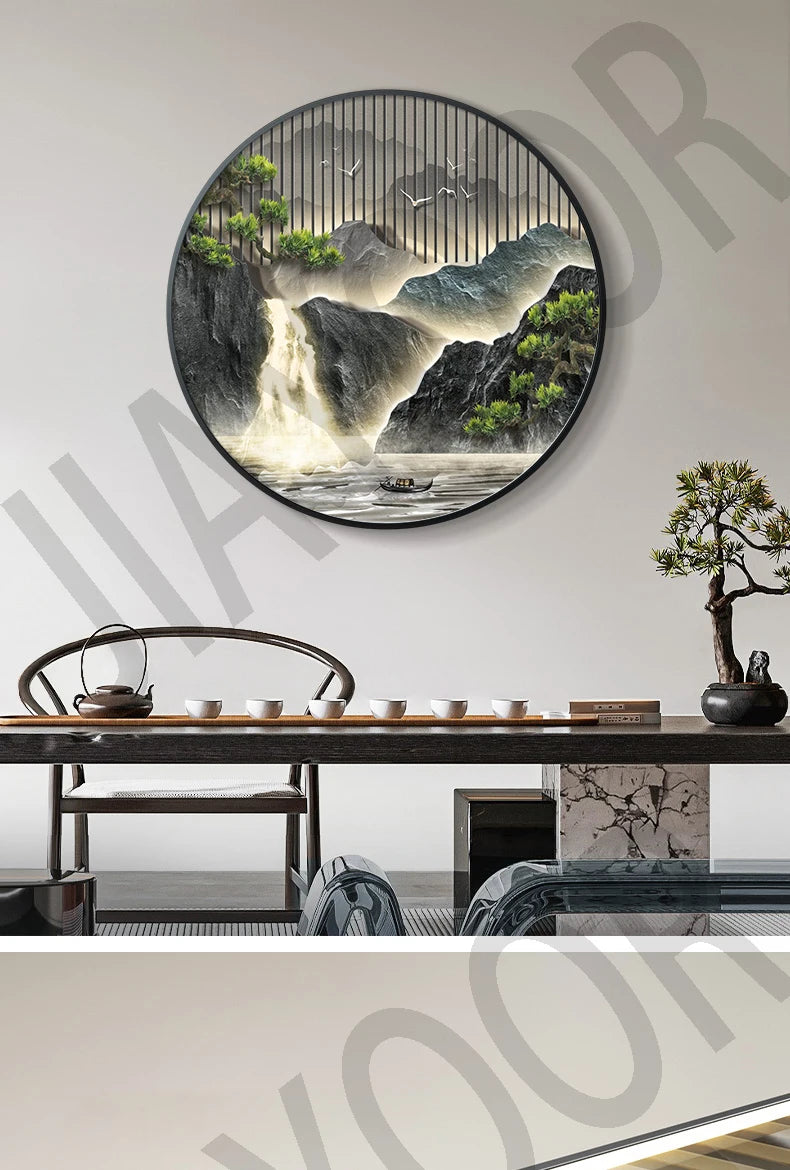 Entrance Foyer Decoration Painting High Mountains Flowing Water Landscape Hanging Painting Led Light Wall Lamp Home Wall Decor