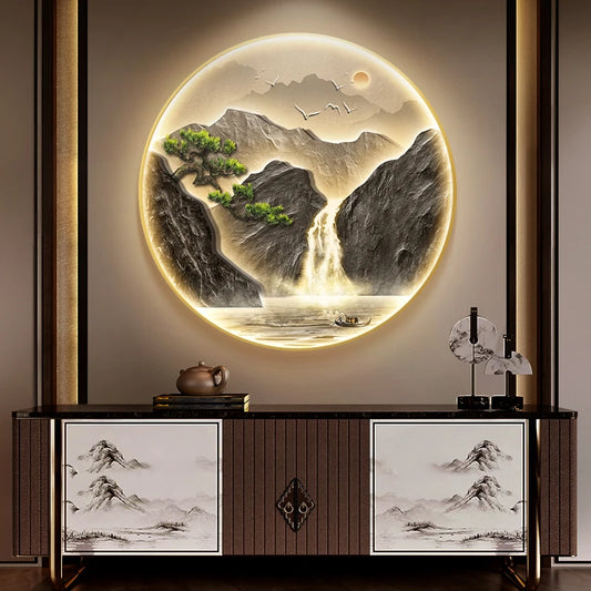 Entrance Foyer Decoration Painting High Mountains Flowing Water Landscape Hanging Painting Led Light Wall Lamp Home Wall Decor