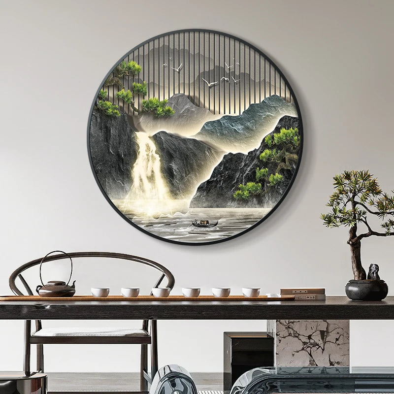 Entrance Foyer Decoration Painting High Mountains Flowing Water Landscape Hanging Painting Led Light Wall Lamp Home Wall Decor