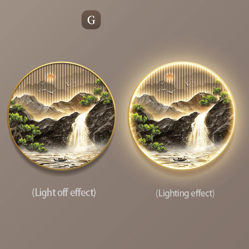 Entrance Foyer Decoration Painting High Mountains Flowing Water Landscape Hanging Painting Led Light Wall Lamp Home Wall Decor